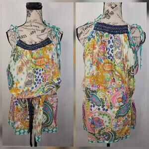 Derhy Mini Dress Sz Small Tie Waist Bohemian Art Deco Colorful Summer Sleeveless